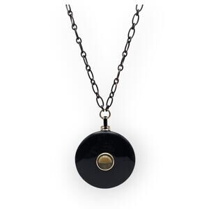 Long Black Disc Pendant Necklace Gold Accent Modern Minimalist